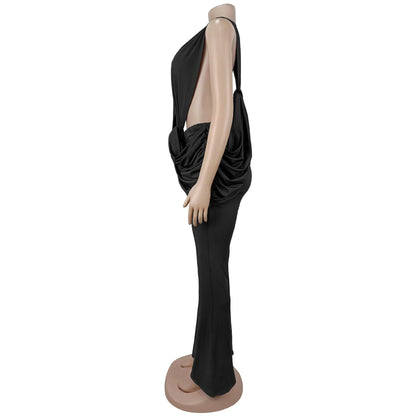 HLJ Sexy Solid Color Bodycon Jumpsuits Women Halter Deep V Neck High Waist Ruched Flare Rompers Party Club Streetwear Overalls