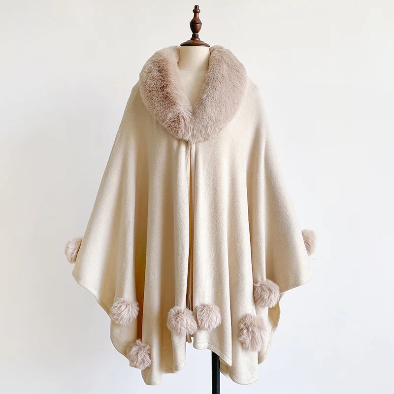 Winter New Thicken Women's Mink Wool Full Trims Faux Fur Cape - Hooded Loose Fleece Cloak Coat for Party Dress Wraps Warm