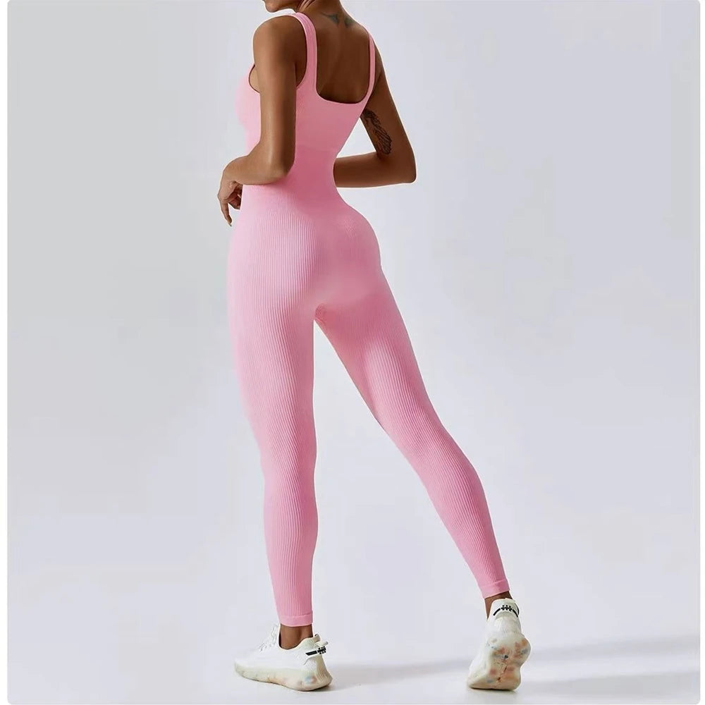 Womens Jumpsuits Sleeveless Yoga Slim Fit Stretch Screw Thread One Piece Romper Sexy Fitness Female Pink Sportwears Chest Pads