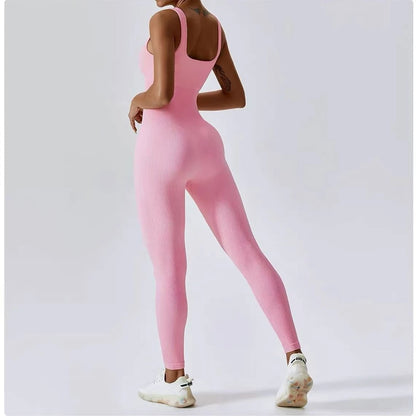 Womens Jumpsuits Sleeveless Yoga Slim Fit Stretch Screw Thread One Piece Romper Sexy Fitness Female Pink Sportwears Chest Pads
