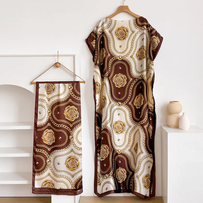 Fashion Summer Print Dress With Big Scarf Dubai Turkey Kaftan Muslim Loose Abaya Women African Casual Paisley Shawl Robe MOOMOO