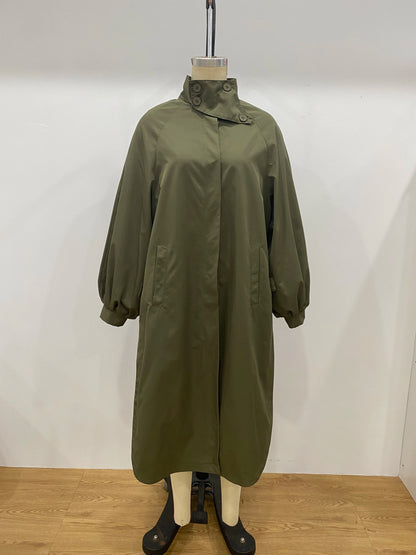 Solid Commute Women's Trench Coat Ovesized Puff Sleeve Single Breasted Long Jacket Lapel Side Slit 2026 New Autumn Lady Outwear
