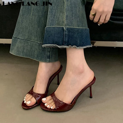 Women Slippers Sandals Fashion Round Open Toe Thin High Heels Mule Slides Summer Party Dress Pumps Shoe Comfortable Sandal Mujer
