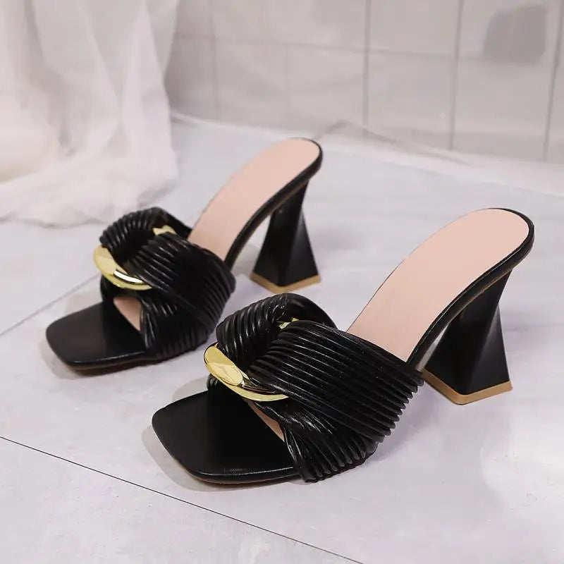 Brand Meatl Buckle Thick High Heel Sandals Women Summer 2026 Luxury Designer Purple Slippers Woman's High Quality Party Shoes