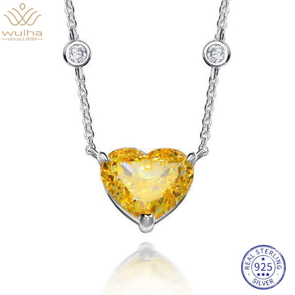WUIHA 925 Sterling Silver Heart-shaped 10*12mm Vivid Yellow Sapphire Created Moissanite Diamond Pendant Necklaces for Women Gift