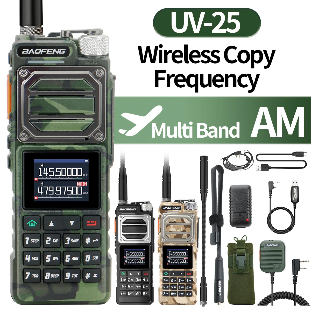 Baofeng UV-25 Walkie Talkie Wireless Copy Frequency Multi Band UHF VHF Air Band 999CH NOAA Type-C Charger AM Ham Two Way Radio