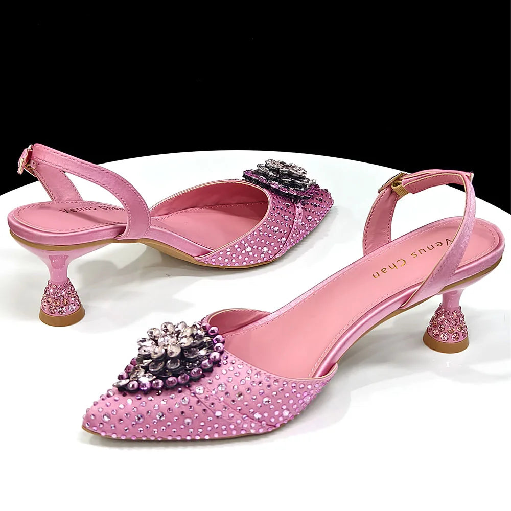Latest Women Italian Shoes and Matching Bags Decorated with Rhinestone Elegant Pointed Toe Wedding Shoes Bride
