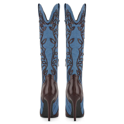 Onlymaker Women Pointed Toe Embroidered  Blue Denim Stiletto Heel Knee High Boots Side Zipper Plus Size Fashion Boots