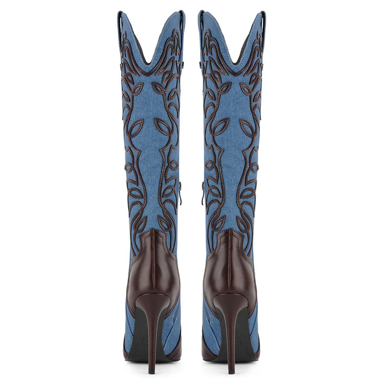 Onlymaker Women Pointed Toe Embroidered  Blue Denim Stiletto Heel Knee High Boots Side Zipper Plus Size Fashion Boots