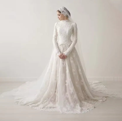 Modest Lace Wedding Dresses with High Collar Long Sleeve A-Line Sweep Train Bride Dress Bridal Gown vestidos de novia Customized