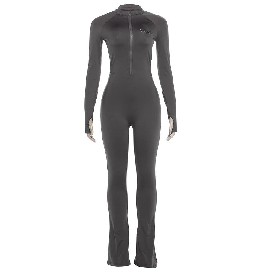 Weird Puss Basic Flared Jumpsuit Women Zip Letter Embroidery Full Sleeve Coquette Stretch Skinny Midnight Party Workout Overalls