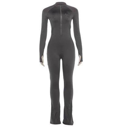 Weird Puss Basic Flared Jumpsuit Women Zip Letter Embroidery Full Sleeve Coquette Stretch Skinny Midnight Party Workout Overalls