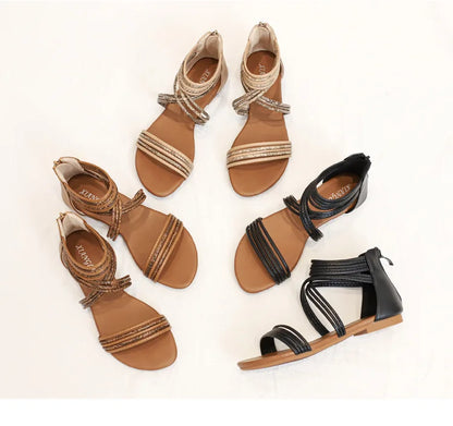 High quality leather flat sandals for women stripe zipper new summer 2026 36 42 open toe casual beach shoe black khaki brown