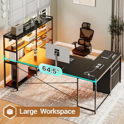 L Shaped Gaming Desk, Reversible U Shaped Computer Desk with Power Outlet and Storage Shelves, Corner Gaming Desk with