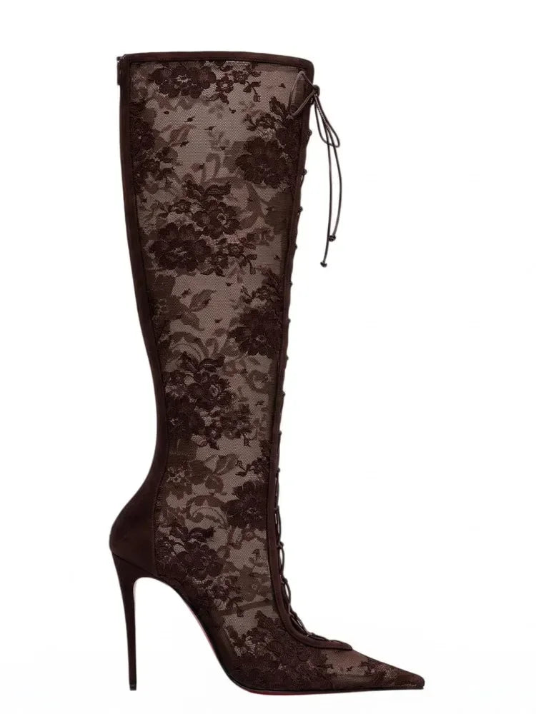 2026Spring and Summer Pointed Black Mesh Fine High Heels Knee Length Cool Boots Embroidered Lace Up Party Wedding Women's Boots