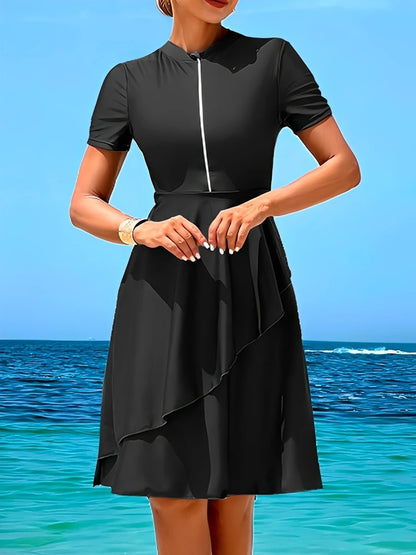 2026 Long Knee Swimwear Female Tankini 2 Pieces Zipper Swimsuit Women Beach Dress Solid Bathers Bathing Swimming Swim Suit