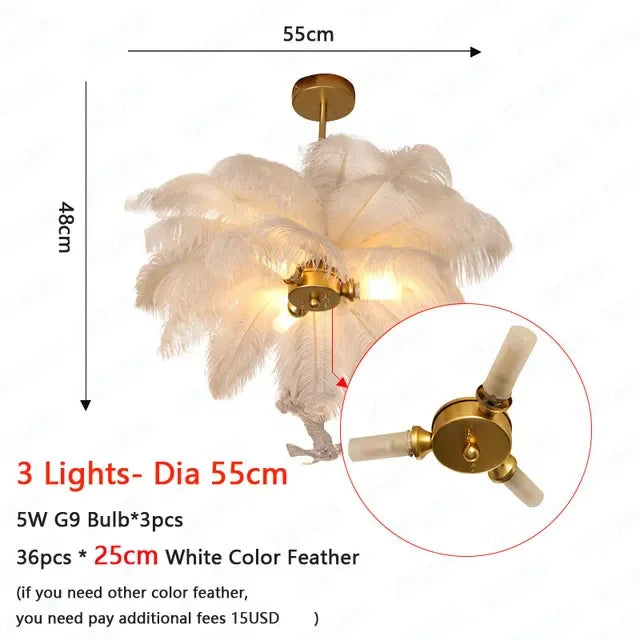 Nordic White Ostrich Feather Pendant Light Modern Led Chandelier Lights for Living Dining Room Children's Decor Hanghing Lamp