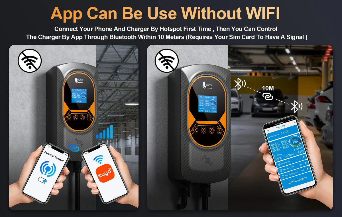 Feyree EV Charging Station 32A Electric Vehicle Car Charger EVSE Wallbox Wallmount 7.6/11/22KW Type2 Cable IEC62196 APP Control