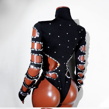 Drag Queen Outfit Sparkly Black Hollow Sexy 2 Piece Crystal Women Evening Prom Celebrate Birthday NightClub Performance Costume