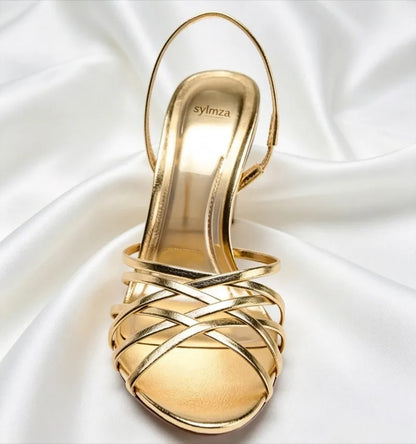Fashion Gold Cross Tied High Heel Sandals Luxury Pointed Toe Hollow Thin Heel Designer Shoes Elegant Party Slingback Dress Shoes