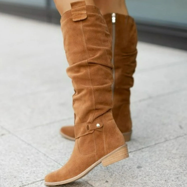 Women's Boots Suede Mid-Calf Boots Low Heel Side Zip Women Casual Shoes Autumn Winter Knee High Boot Retro Plus Size Long Boots