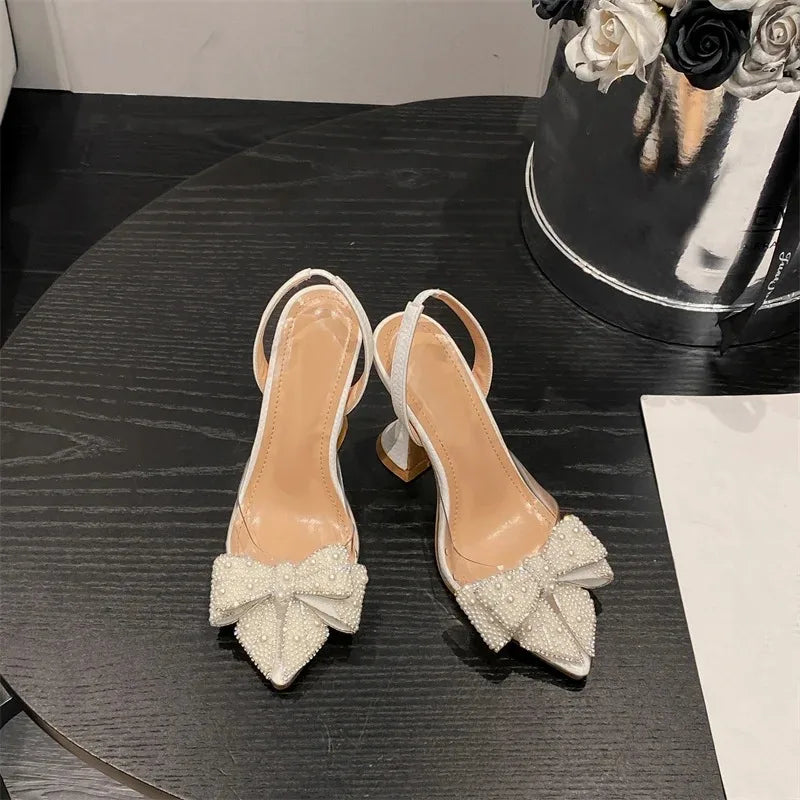 Elegant Women High Heel Sandal Fashion Imitation Pearl Bow High Heels for Woman Luxury Pointed Tip Wedding Shoes Sandalias Mujer