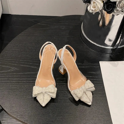 Elegant Women High Heel Sandal Fashion Imitation Pearl Bow High Heels for Woman Luxury Pointed Tip Wedding Shoes Sandalias Mujer