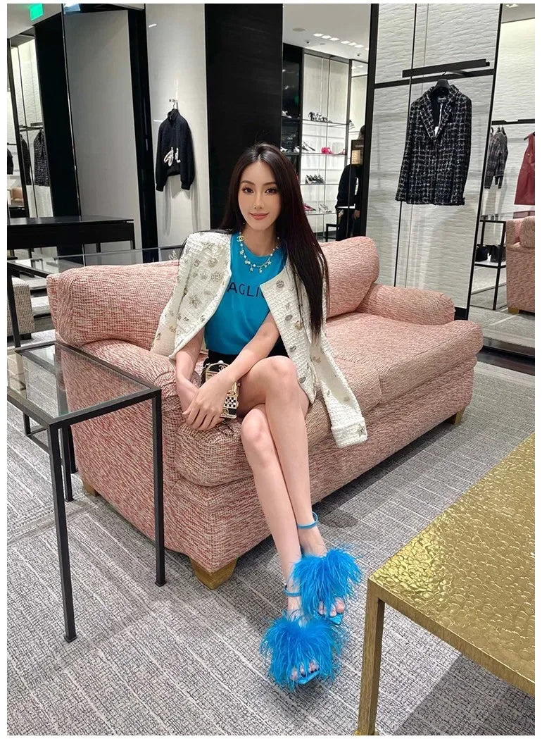 Spring Summer New Star Same Style Women's Blue Feather High Heels Versatile Strap Pointed Thin Heel Sandals