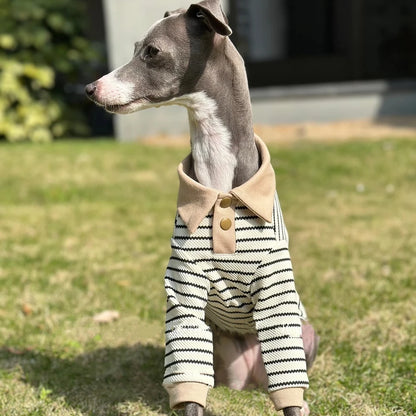 Dog Clothes in Spring Khaki Strips Polo Shirt with Pocket for Italy Greyhound Soft Long Sleeves Cotton Coat Hat Suit for Whippet