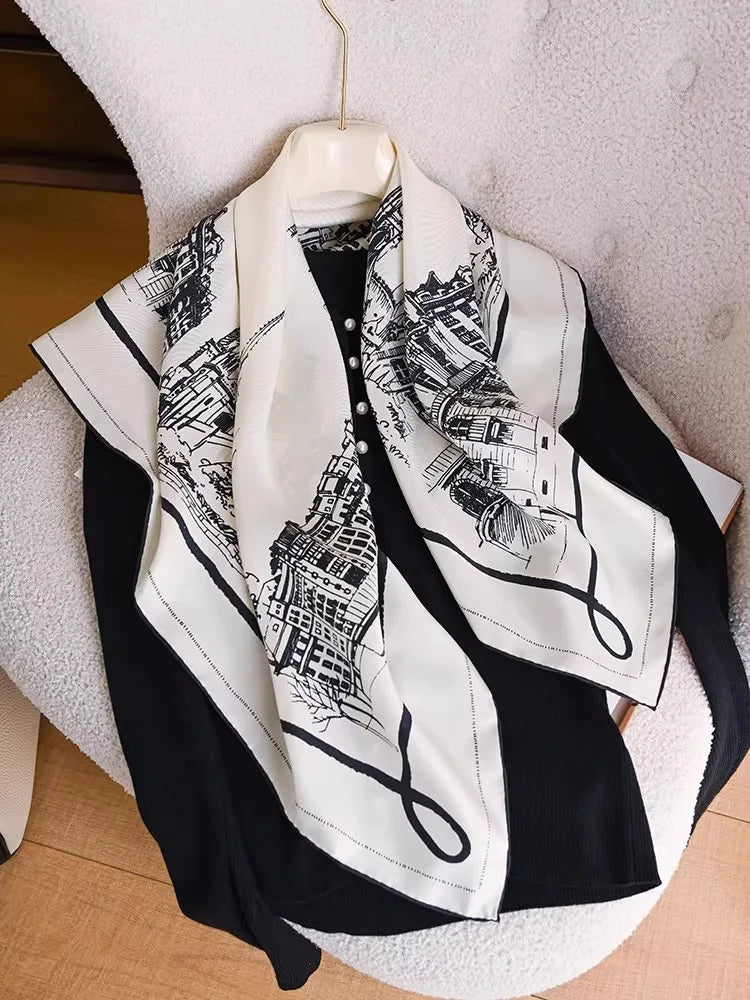 Black White View Print Twill Silk Scarf 90x90cm Women Fashion Square Neck Scarf Satin Kerchief Head Wrap Bandana Bag Decoration