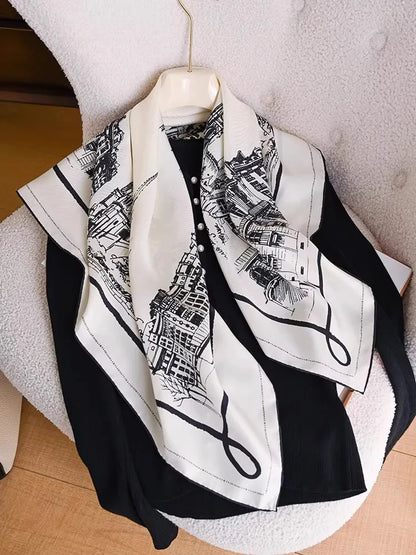 Black White View Print Twill Silk Scarf 90x90cm Women Fashion Square Neck Scarf Satin Kerchief Head Wrap Bandana Bag Decoration