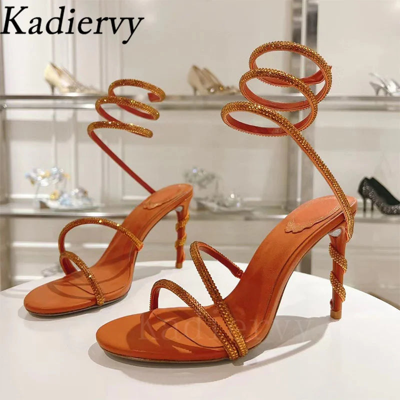 Luxury High Heels Sandals Woman Rhinestone Snake Twine Around Ankle Strap Wedding Shoes Stiletto Summer Gladiator Sandals Women