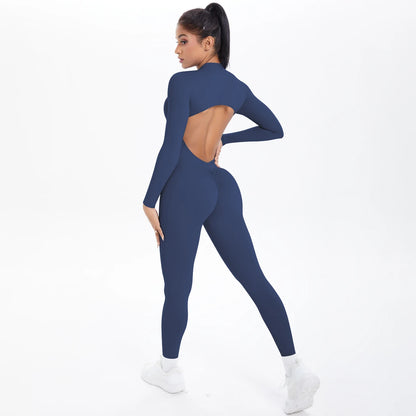 Solid Color Bodysuits for Woman's Backless Long Sleeved Zipper Yoga Jumpsuits High Dtrength Workout Sports Fitness Clothing Set