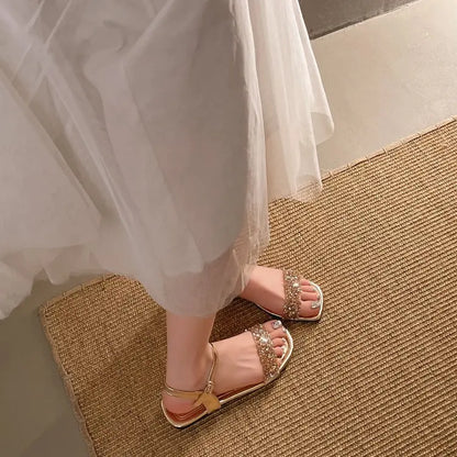 Luxury Crystal Square Toe Sandals Elegant Peep Toe Flat Slides Summer Fashionable Beach Shoes for Women