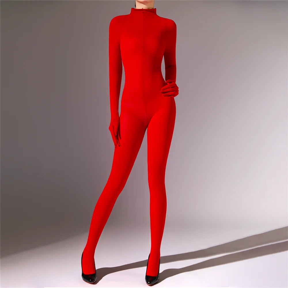 Plus Size Sexy Women 120D Five Finger Glove Sleeve Bodysuit Seamless Tight Warm High Elastic Shaping Cosplay Unisex Fit Jumpsuit