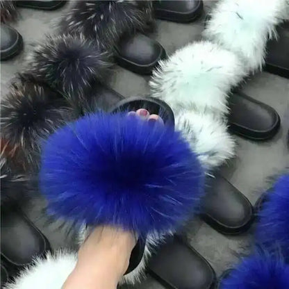 Real Raccoon Fur Slippers For Women 2026 Summer Fluffy Indoor House Fuzzy Flat Slides Outdoor Fashion Beach Sandals Flip Flops