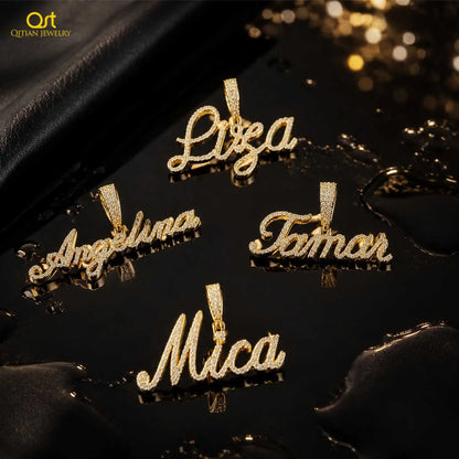 Qitian Customized Cursive Name Pendant Moissanite Iced Out Personalized Name Necklace Gold Plated Custom Pendant Gift For Women
