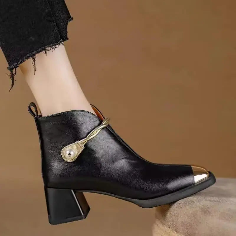Designer Metal Decorat Thick High Heel Ankle Boots Wome Winter 2026 Warm Short Plush Black Short Boots Woman's Elegant Booties