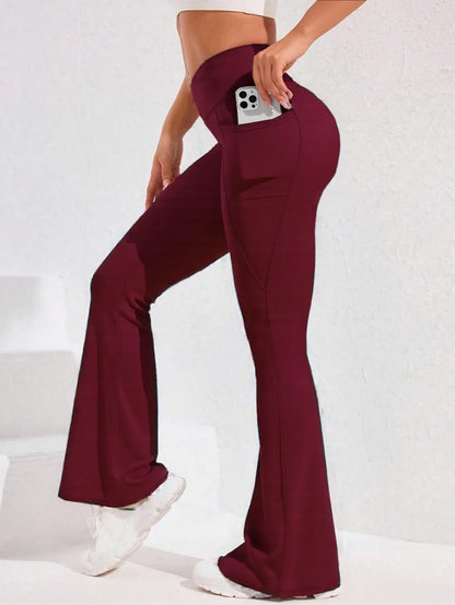 High Waist Flare Leg Yoga Pants Women with Pocket Push Up Butt  Running Tights Wide Leg Pants Gym Outdoor Cycling Leggings