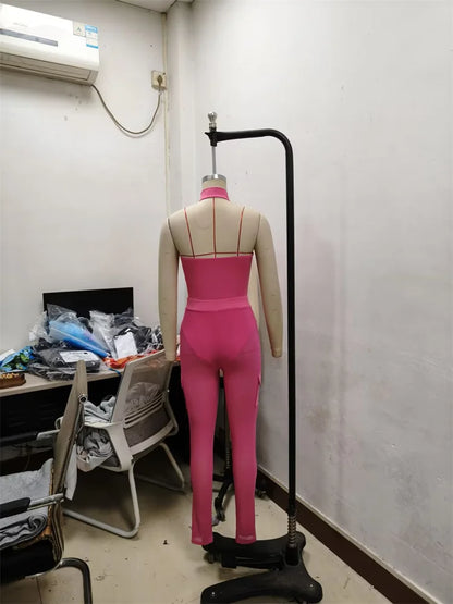 Weird Puss Mesh Patchwork Jumpsuits Women Halter Low-Neck Multiple Pockets Skinny Peach Hip Midnight Hipster Club Party Outfits