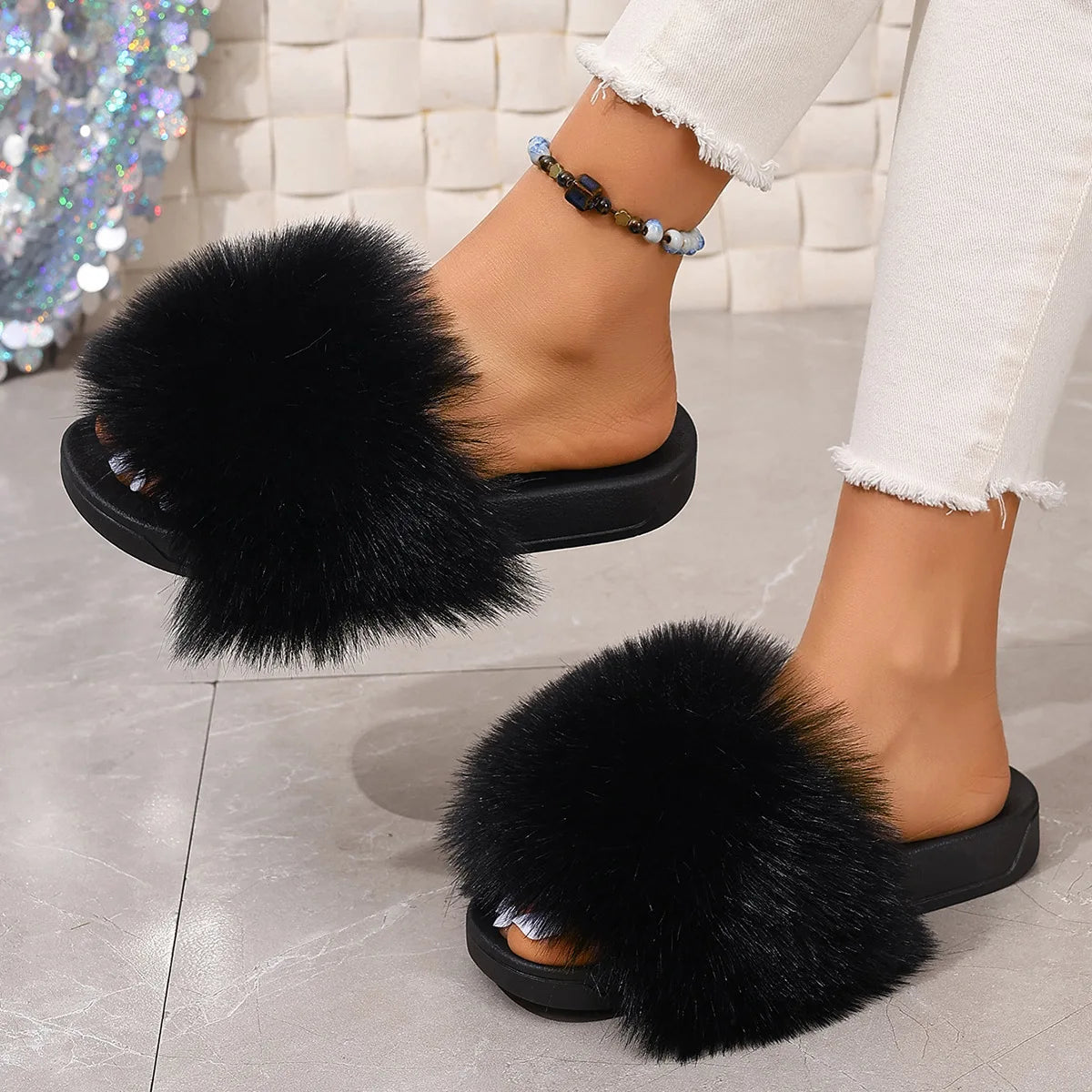 Fashion Fox Fur Slides Women Luxury Designer Summer Sandals Ladies Furry Lazy Slippers Fluffy Flip Flops Shoes Plus Size Shoes