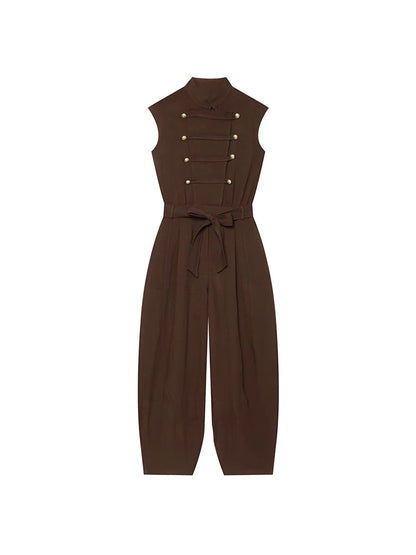 Women Long Jumpsuits 2026 Sleeveless Playsuits Elegant Solid Color Rompers Casual Stand Collar Belt Fashion Commuting Outfit