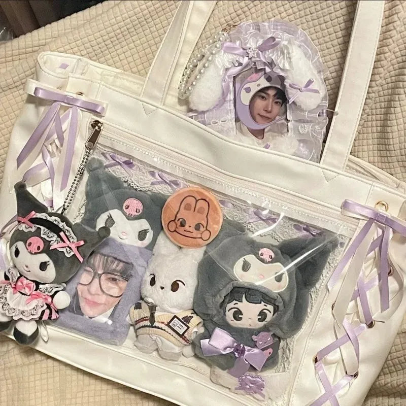 New Japanese Cute Sweet Ribbon Ita Bag Lolita Girls Transparent Handbags Fashion Large Capacity Tote Bag Aesthetic Shoulder Bags