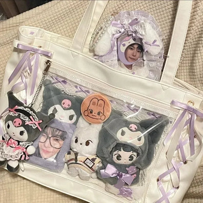 New Japanese Cute Sweet Ribbon Ita Bag Lolita Girls Transparent Handbags Fashion Large Capacity Tote Bag Aesthetic Shoulder Bags