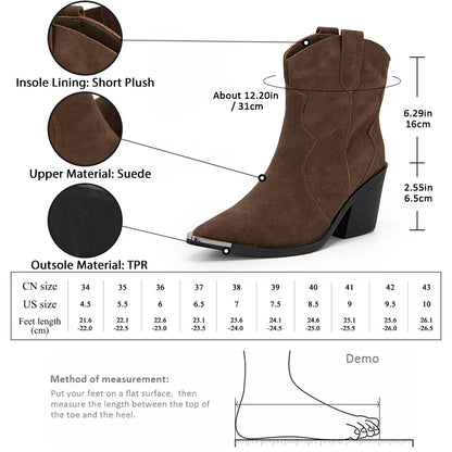 GMQM 2025 Women's Comfort Ankle Booties Brown Cowboy Western Boots Metal Heels Block Wide Calf Pointed Toe Slip On Casual Shoes