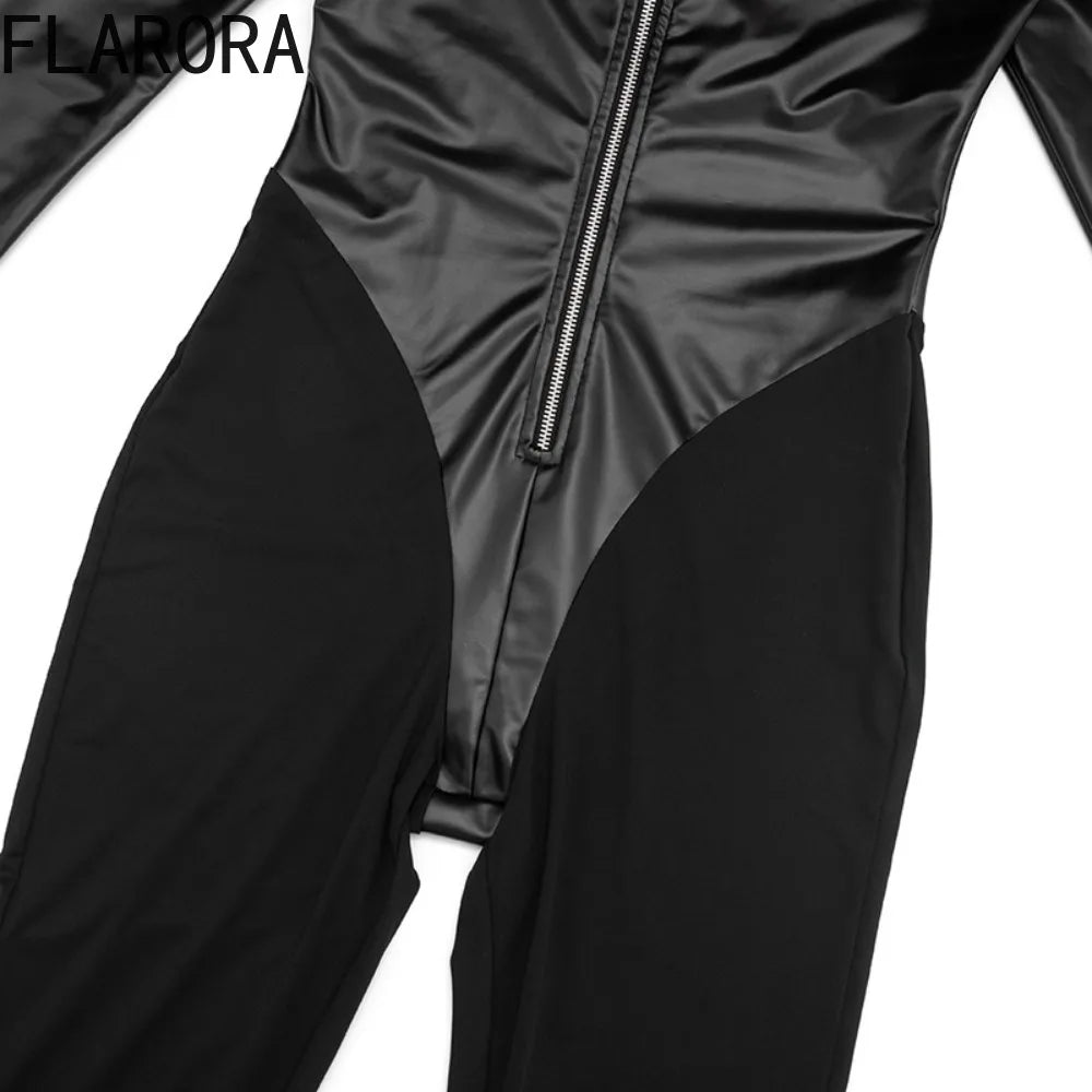 FLARORA Fashion Pu Leather Patchwork Jumpsuits Woman Stand Collar Full Sleeve Zip Skinny Peach Hip Midnight Party Club Overalls