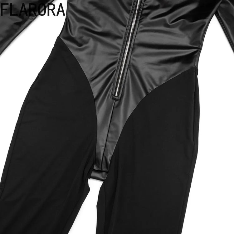 FLARORA Fashion Pu Leather Patchwork Jumpsuits Woman Stand Collar Full Sleeve Zip Skinny Peach Hip Midnight Party Club Overalls