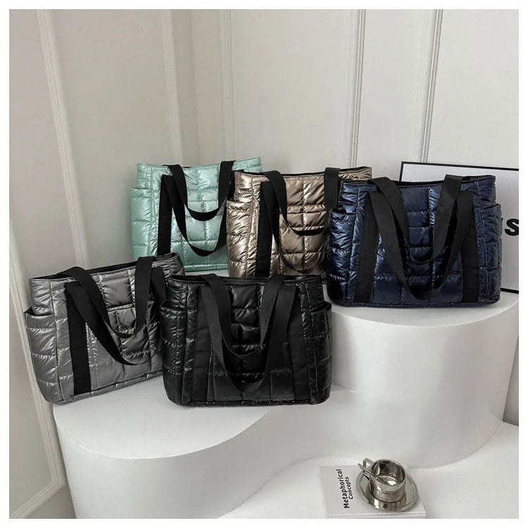 Space Padded Women Shoulder Bags For Winter 2025 Large Capacity Black Handbags Designer Nylon Cotton Warm Tote Solid
