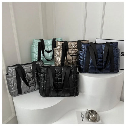 Space Padded Women Shoulder Bags For Winter 2025 Large Capacity Black Handbags Designer Nylon Cotton Warm Tote Solid