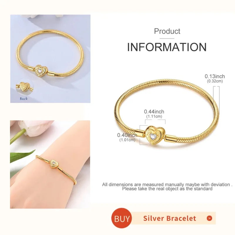 Silver 925 Bracelet Original Bracelets Colorful Zircon Heart Flower Cat Snake Chain For DIY Charms 17-20CM Luxury Jewelry Gifts